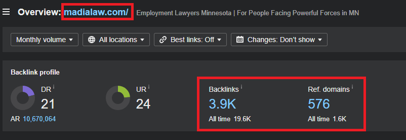 ahrefs backlink info for madia law llc
